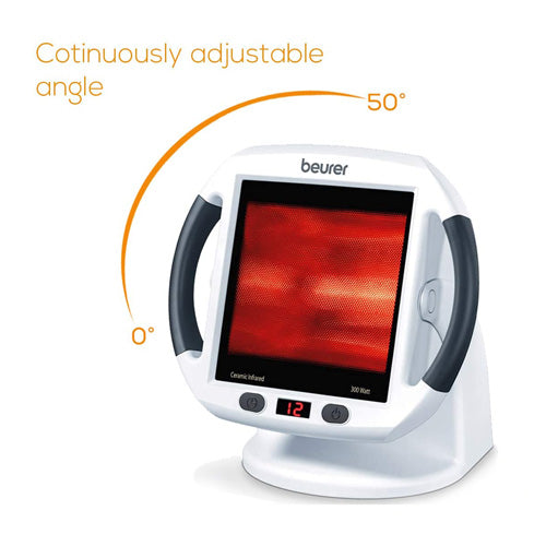 Beurer IL 50, Infrared Heat lamp, highlighting continuously adjustable angle, wellbeing, Care Monitors UK